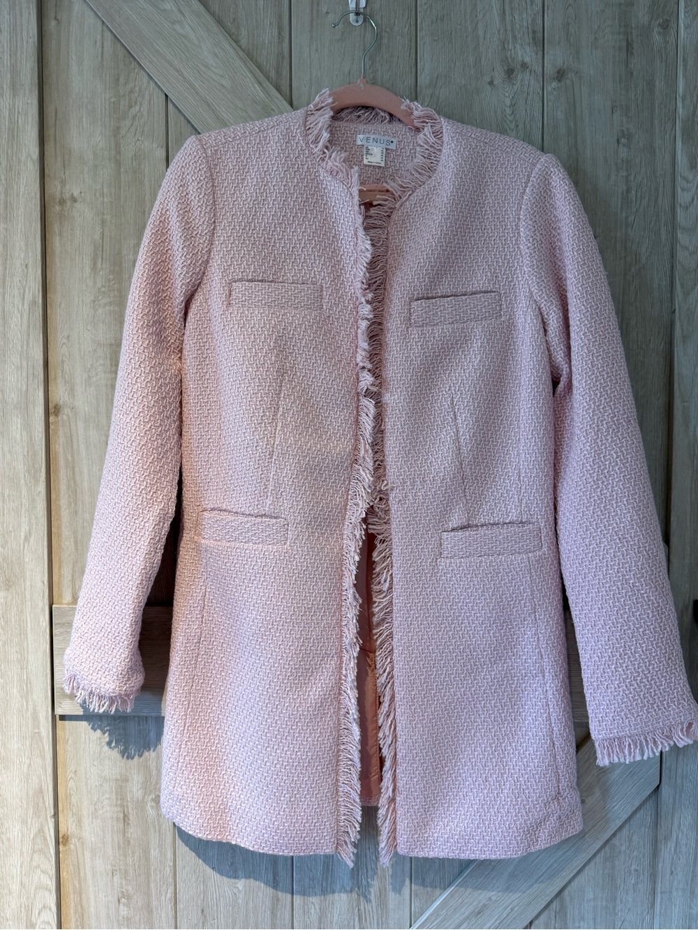 VENUS Blush Pink Tweed Fringe-Trim Long Blazer Perfect for Fall - Picture 10 of 11